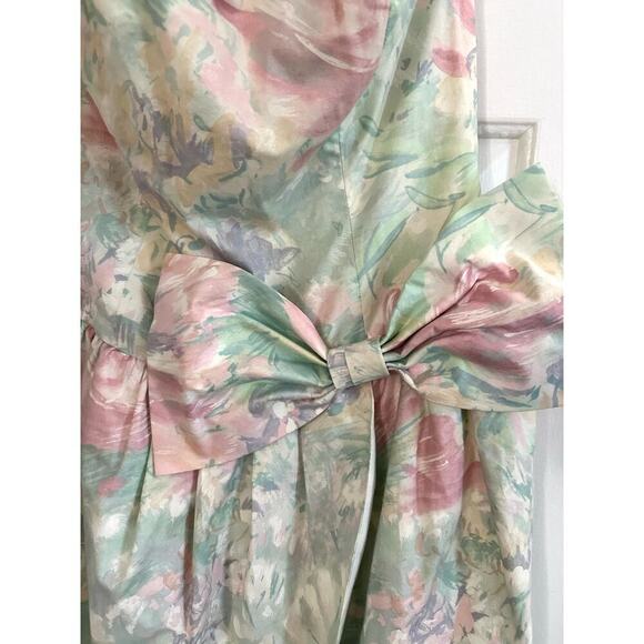S.G. GILBERT Vintage 80s 90s Pastel Chintz Floral Strapless Bow Prom Dress - Picture 3 of 7